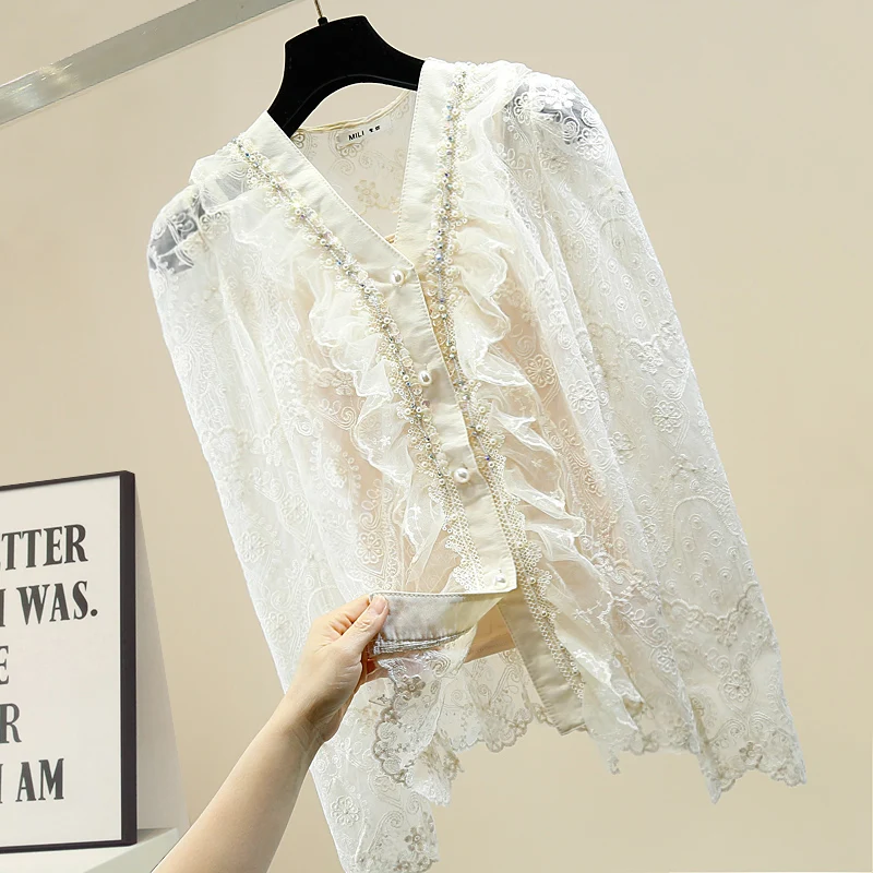 2021 Spring Women Blouse Embroidery Fashion Tops Trendy Girls Lace Hollow Out V Neck Beading Shirt Women