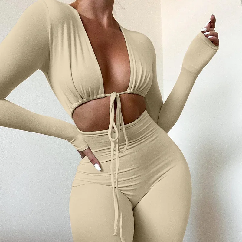 

Bandage Sexy White Jumpsuits Women Street Deep V-Neck Skinny Rompers Autumn Winter One Piece Body-Shaping Club Female Jumpsuit