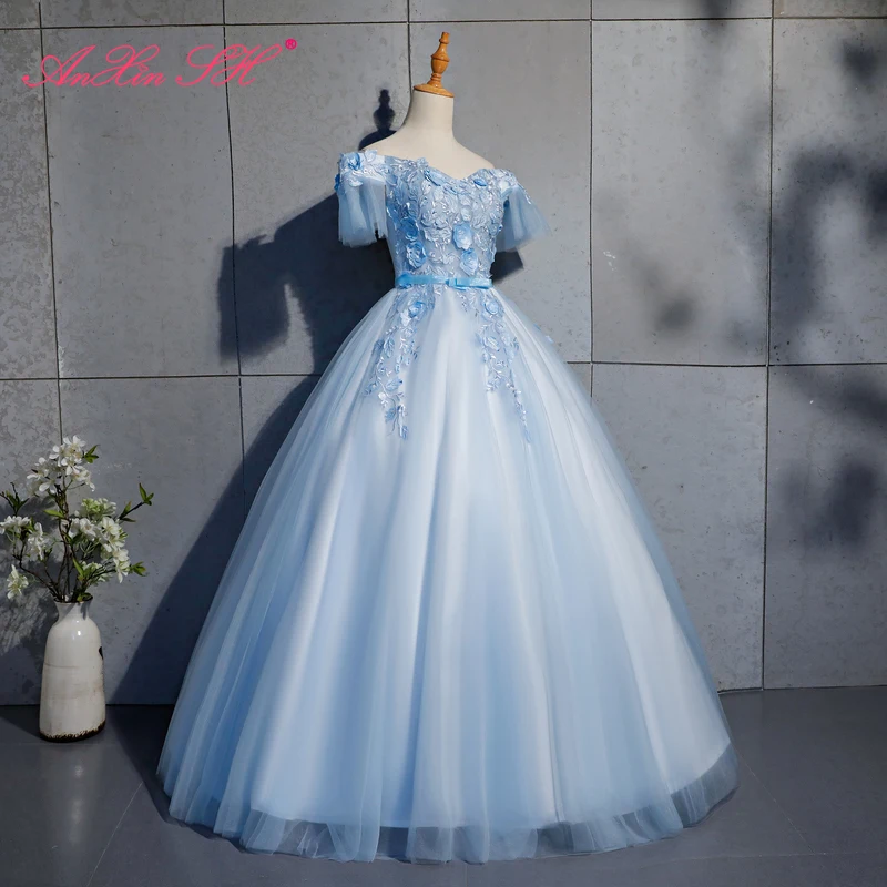 

AnXin SH Vintage beading crystal blue flower lace ruffles boat neck little bow illusion princess bride stage party evening dress