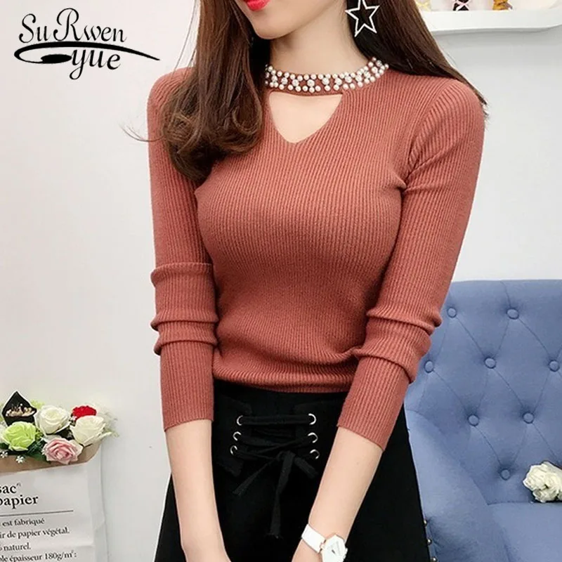 V-neck Knitted Sweater Solid Women 2021 Spring Autumn Long Sleeve Hollow Korean Pullover Thin Slim Beading Bottom Coat | Женская одежда - Фото №1