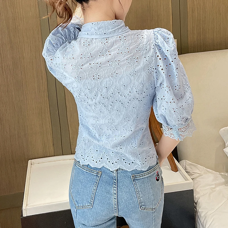 

Hollow Out Embroidery Blouses Women Elegant Puff Sleeve White Blue Blouses Plus Size Tops Shirt Blusas Femme