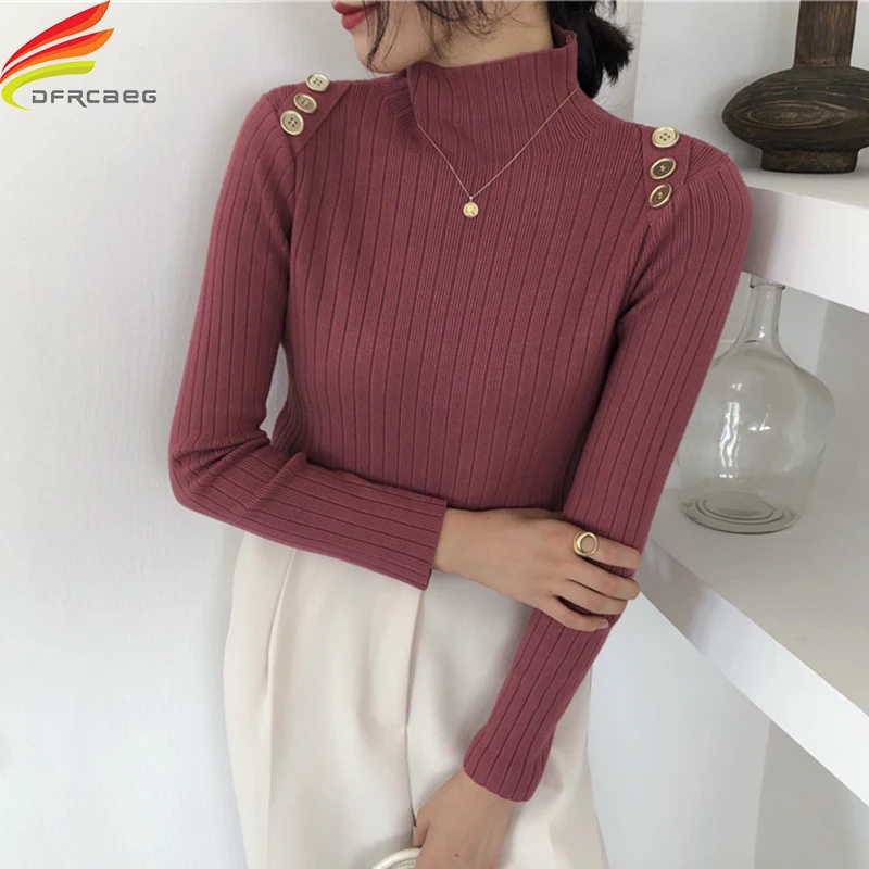 

Новинка 2020, осенне-зимний свитер для женщин, водолазка в рубчик, вязанный длинный рукав, кнопки, повседневные женские топы, 5 цветов, тонкий п...