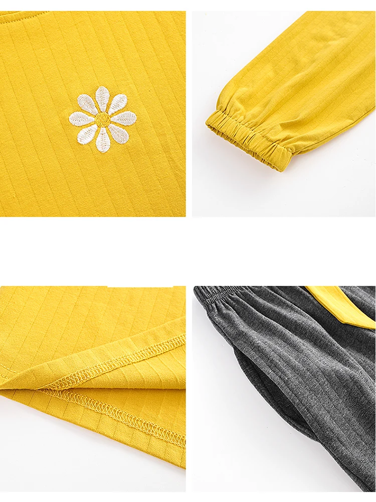 

Yellow Floral Printed Women's Pajamas Sets Long Sleeves Long Pants Pyjamas Soft Sweet Pijama Cotton Sleepwear Casual Nighty