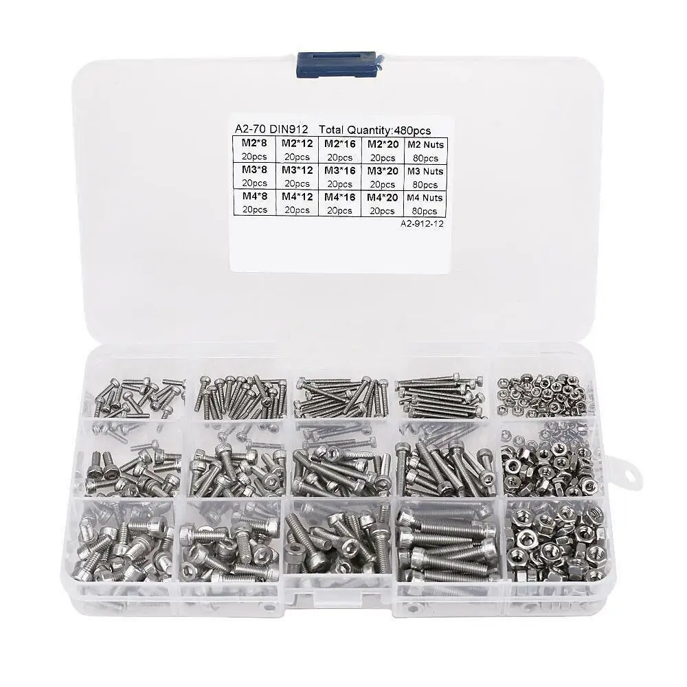 

480pcs M2 M3 M4 304 Stainless Steel Hex Socket Head Cap Screws Nut Kit Set + Box