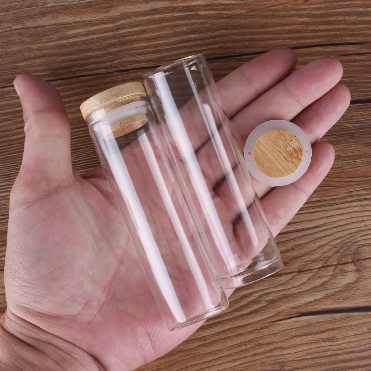 

6pcs 50ml Glass Bottles Jars with Bamboo Lids Potion Bottles Spice Jars Glass Vials vessels DIY Craft for Wedding Favors