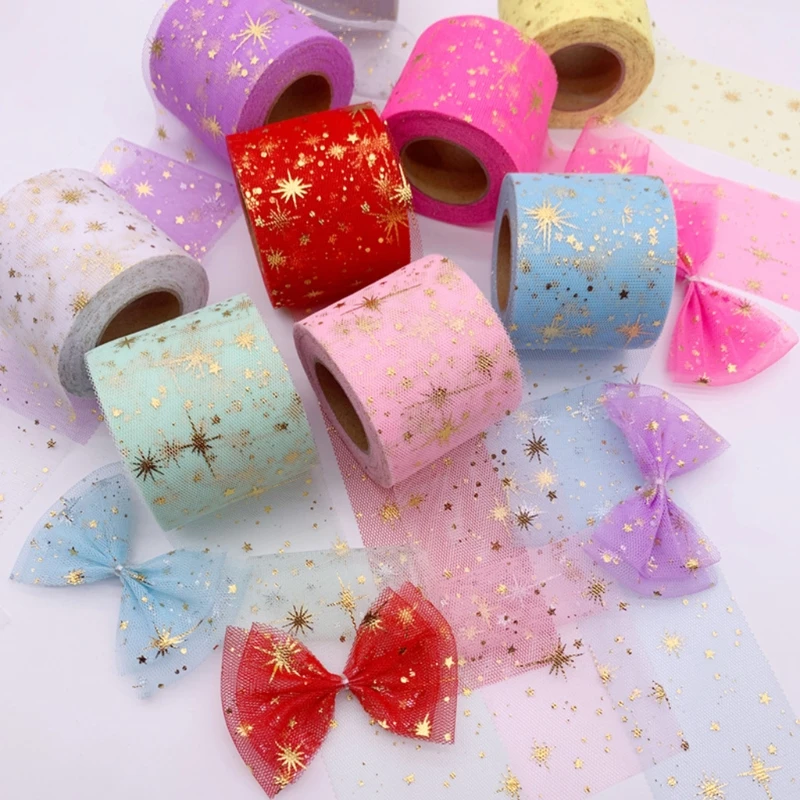 

25Yards 6cm Multi Color Golden Star Pattern Tulle Roll DIY Table Skirt Colorful Tulle Roll DIY Bows Wedding Decoration