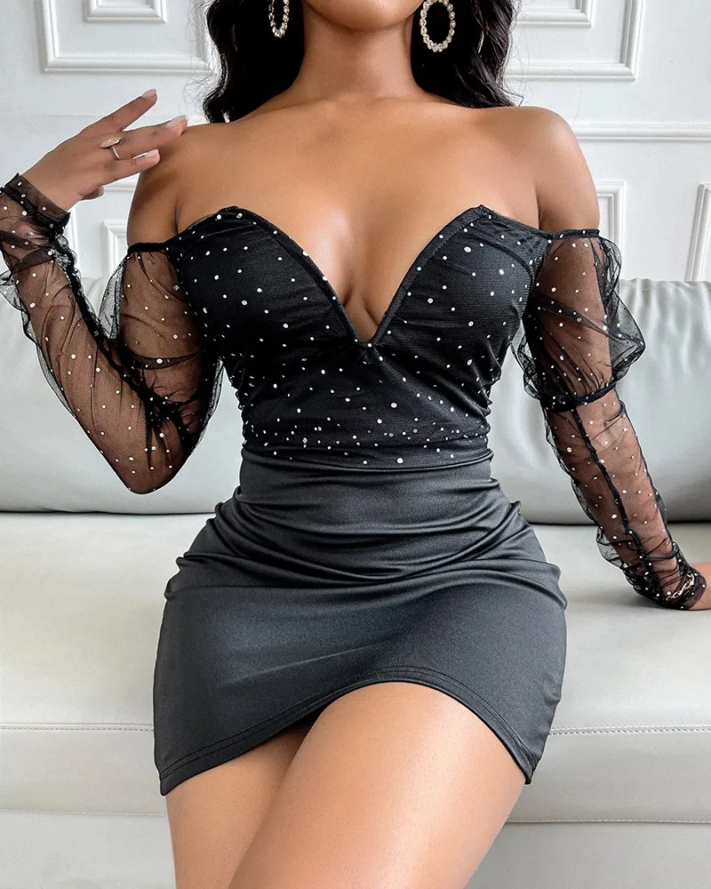 

Women's Dress Solid Color Glitter V-Cut Contrast Mesh Gigot Sleeve Bodycon Dress 2021 New Women's Slim Fashion Sexy Dress