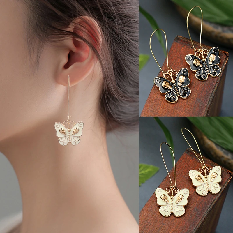 

Personality Individual Creativity Black Butterfly Wings Inlaid With Skulls Long Pendant Earrings Gifts For Women Jewelry