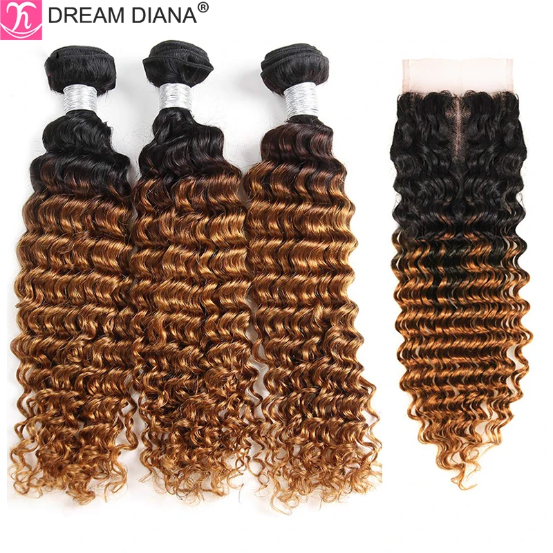 DreamDiana Brazilian Deep Curly With Closure 100% Remy Ombre Human Hair Bundles And Wave | Шиньоны и парики