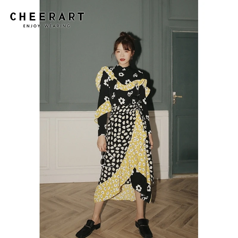 Фото Женская ассиметричная юбка с цветочным принтом CHEERART желтая черная длинная