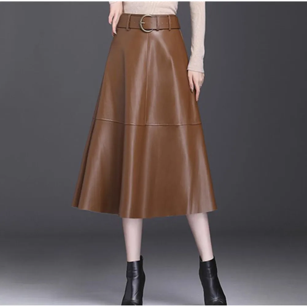 Коричневая Юбка-миди из искусственной кожи трапециевидная однотонная женская