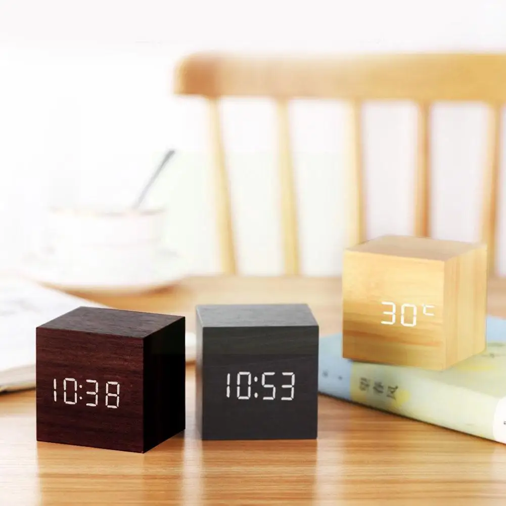 Square Wooden Alarm Clock Voice Control Snooze Function Minimalist Home Led Wood Temp Table Style Desk Cube Dec Z3c5 |
