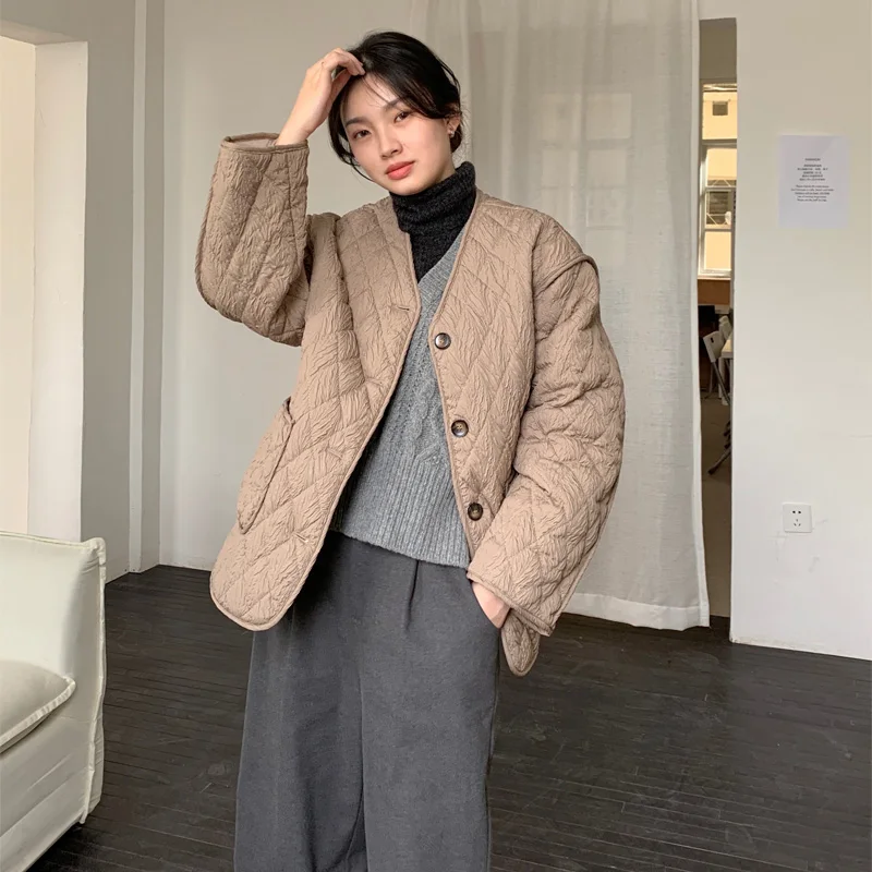 

2020 Winter New Diamond Shaped Checkered Cotton Coat Women Casual Loose Korean Solid Color Single Breasted OL Padded Jacket