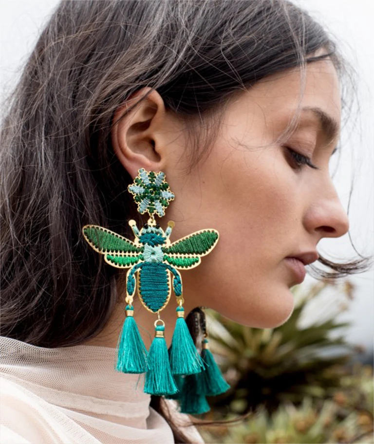 Женские серьги в стиле бохо ручной работы с насекомыми и кисточками большие
