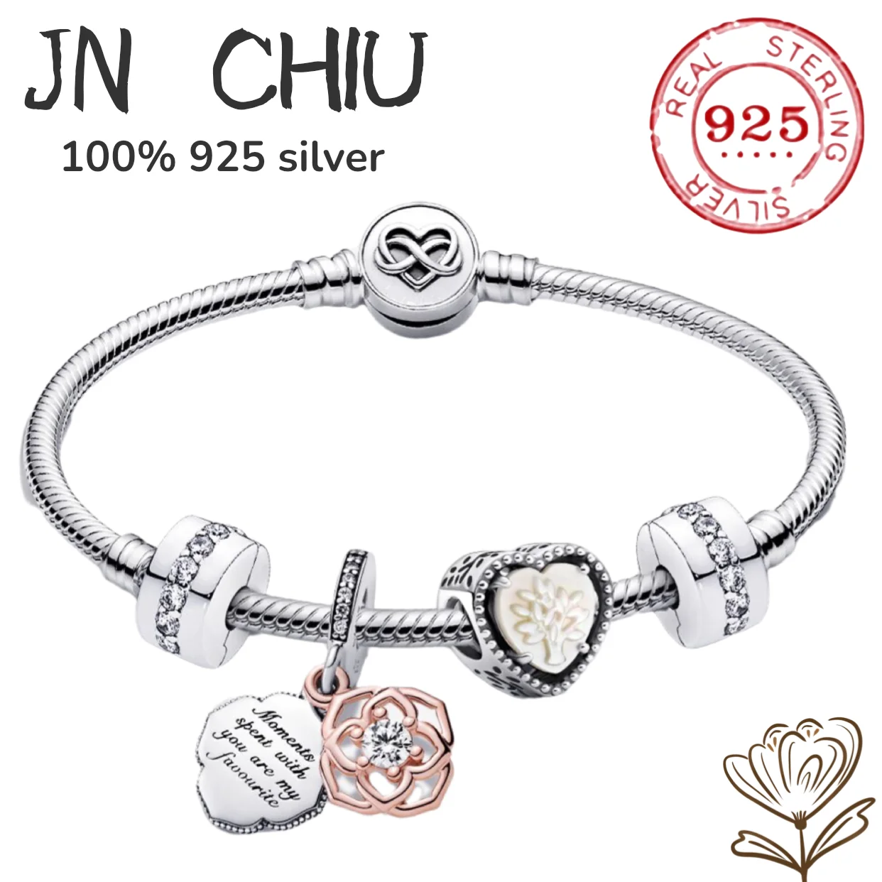 

Crystal rose love fashion charm bead bracelet DIY 925 pure silver bracelet for female lovers' original gift jewelry