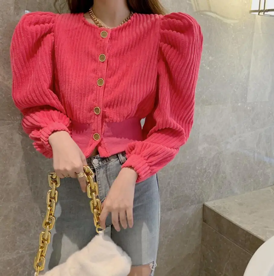 

2021 new spring Women Corduroy Jacket Fashion Round Neck Single Breasted Long Puff Sleeve Short Jacket s734