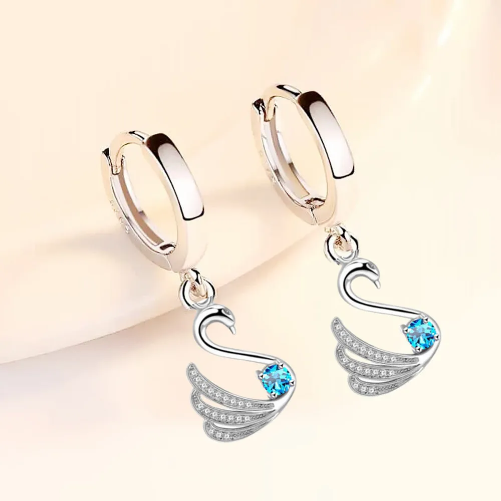 

925 Sterling Silver New Women's Fashion Jewelry Earrings Pink Blue White Crystal Zircon Long Tassel Retro Crane Earrings