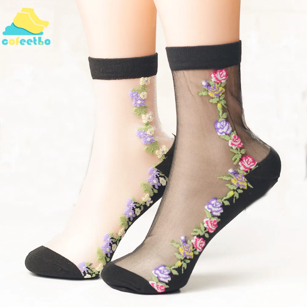 

1 Pair Beautiful Women Flower Sock Summer Lace Crystal Glass Silk Socks Short Thin Transparent Roses Elastic Ultrathin Socks