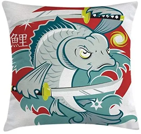 

Pooizsdzzz Japanese Throw Pillow Cushion Cover, Koi Samurai Figure on Red Background Martial Art Animal Illuration, Decorative