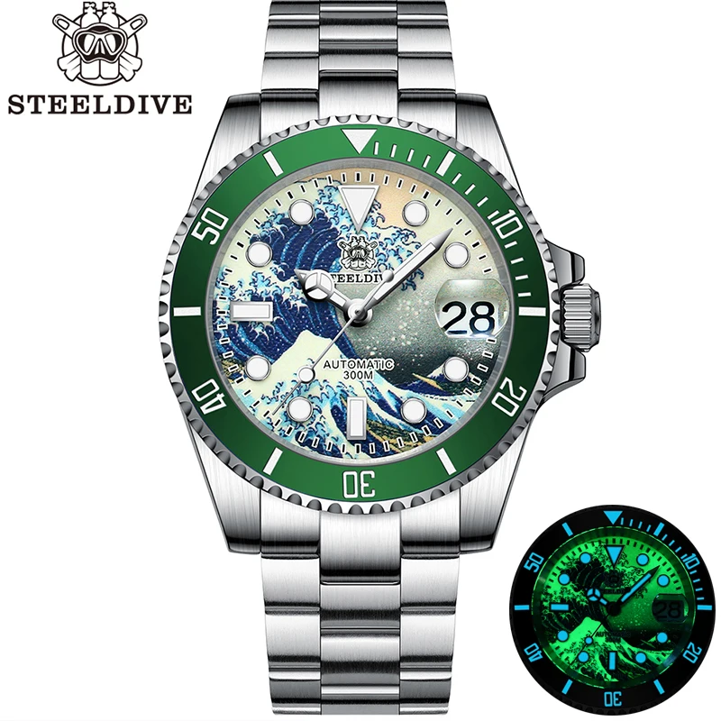

Часы STEELDIVE SD1953J с водными привидениями, светящиеся часы Kanagawa с серфинговым циферблатом NH35A, автоматические механические мужские часы с сапфи...