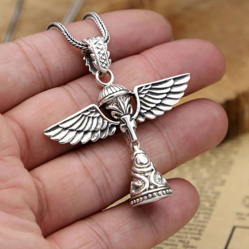 

S925 Sterling Silver Jewelry Retro Thai Silver Pendant Angel Wings Popular Bell Men and Women Pendant