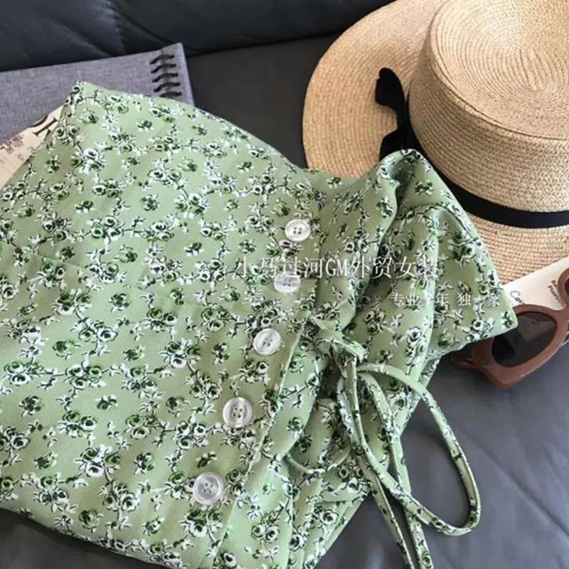 

2021 Summer Beach Dress Women Floral Print Long Chiffon Dress Sexy V-Neck Button Casual Fashion Frenulum Mid Calf Gress Dress