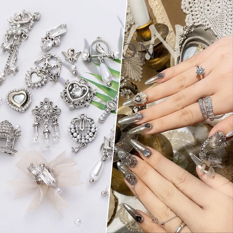 

Silver 5pcs bird/beating heart/Love Cupid nail art zircon long chain pendant jewelry nail zircon diamond nail zircon decoration