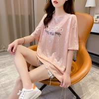 2663 harajuku sequined t shirts ladies short sleeve o neck t shirt women casual loose tshirt korean style tops girls pink white