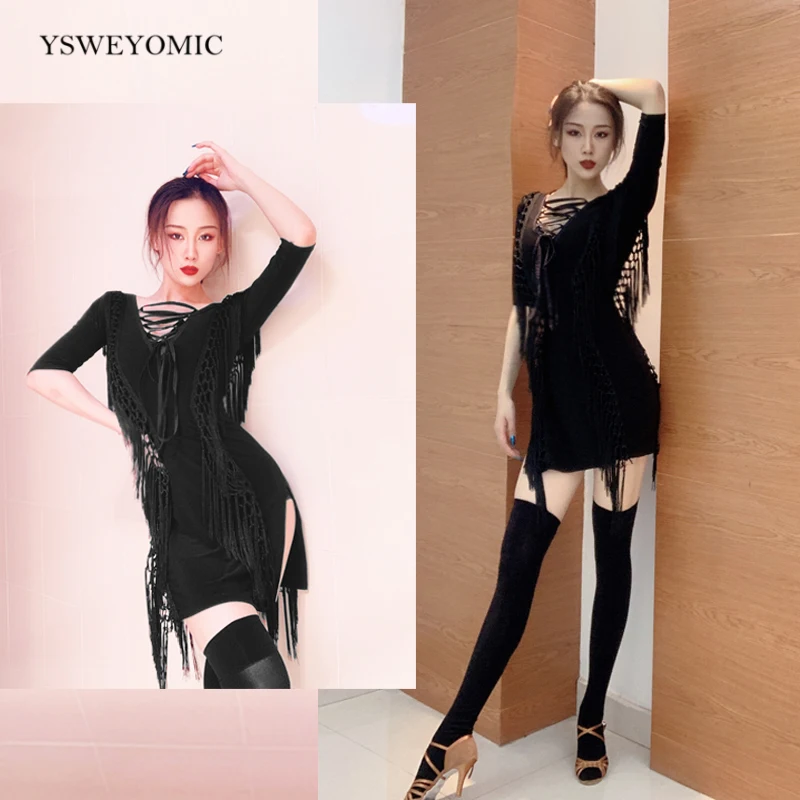 

Женский костюм для латиноамериканских танцев, трикотажное платье с бахромой в стиле ретро, профессиональное сценическое платье для соревн...