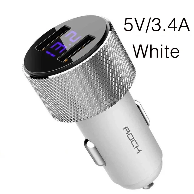 White 3.4A ROCK Mini Dual USB Автомобильное зарядное устройство светодиодный дисплей Универсальный 3.4A мобильный телефон планшет быстрая зарядка Usb зарядное устройство для автомобиля 2 Usb адаптер - Тип штекера: White 3.4A