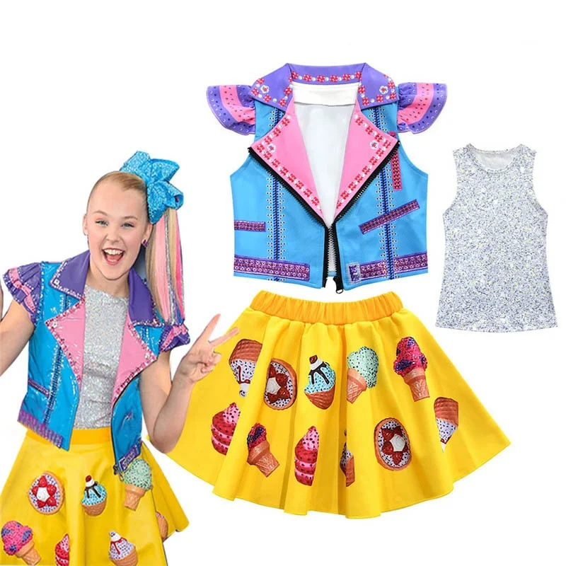 

Fashion JOJO Siwa Baby Girls Clothes Sets Kids Birthday Party Cosplay Costume Short Sleeve Jackets+Vest+Skirts 3pcs Outfit