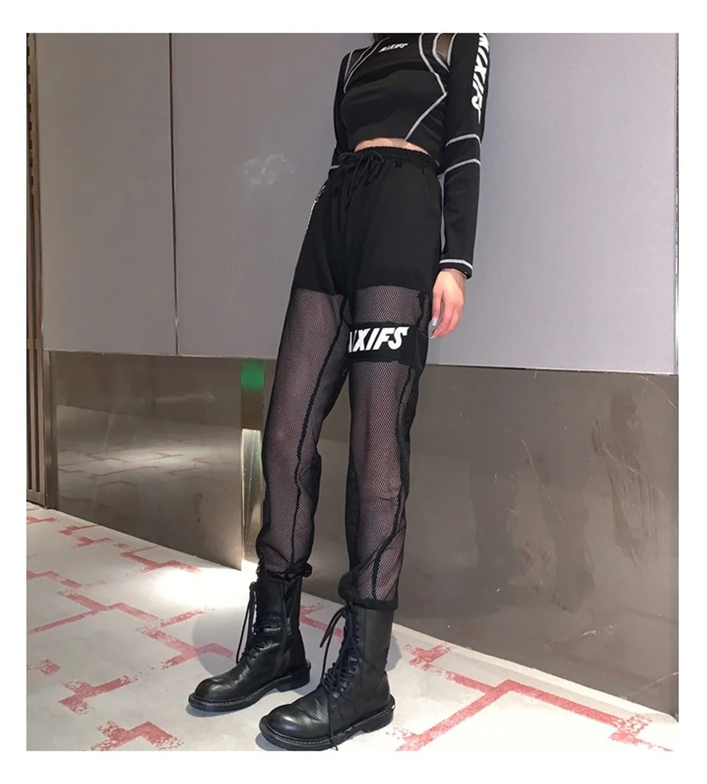 Женские пикантные Черные Сетчатые брюки карго уличная одежда в стиле Харадзюку