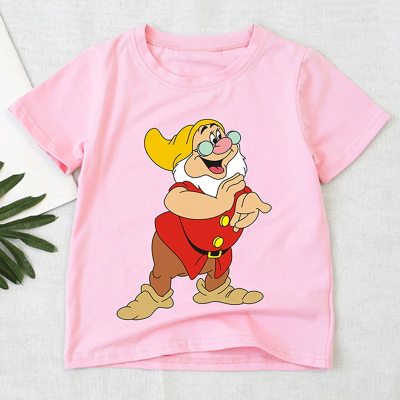 

Disney Children Clothes Summer Print Seven Dwarfs Blouse White Pink Fashion Boy Girl Casual T-shirt Cartoon Toddler Tees Unisex
