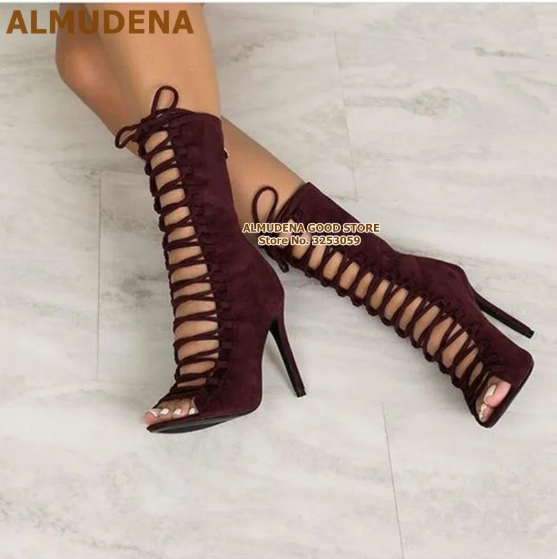 Murah ALMUDENA Sepatu Bot Pertengahan Betis Bahan Beludru Merah Anggur Hak Stiletto Ujung Terbuka Sepatu Bot Tengah Berenda Tali Tipis Sandal Panjang Dropship