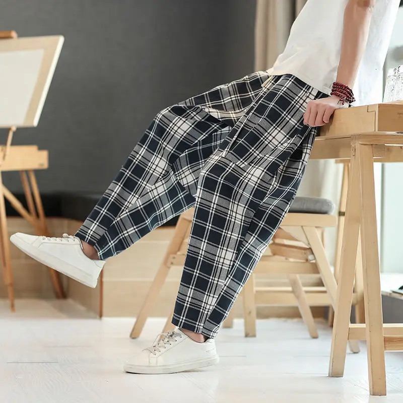 

2021 new Arrivals plaid pure cotton casual British style loose-fitting blue harem Best pants sport Free shipping