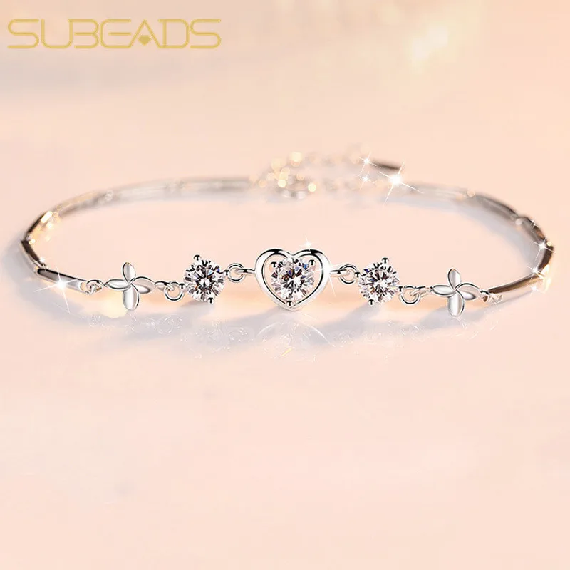 

Subeads 925 Sterling Silver Crystal Four Leaf Clover Heart Charm Bracelet For Women Pulserias Link Chain Bracelet Fine Jewelry
