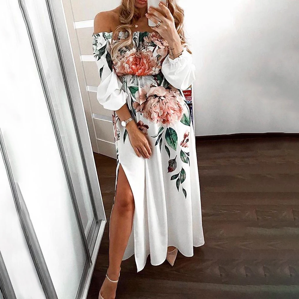 Женское длинное платье-макси с цветочным принтом и открытыми плечами | Женская
