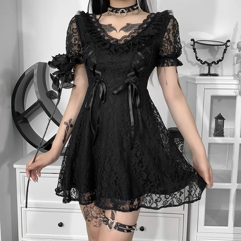 

Dark Gothic Lolita Dress Women Fairy Grunge Lace Patchwork Bandage Corset Dress Goth V-Neck Backless Vestidos Party Wear Female