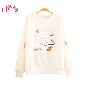 Осенняя Женская белая толстовка с длинным рукавом Kawaii Bunny, Корейская милая розовая толстовка с круглым вырезом и ушками из мультфильмов для девочек