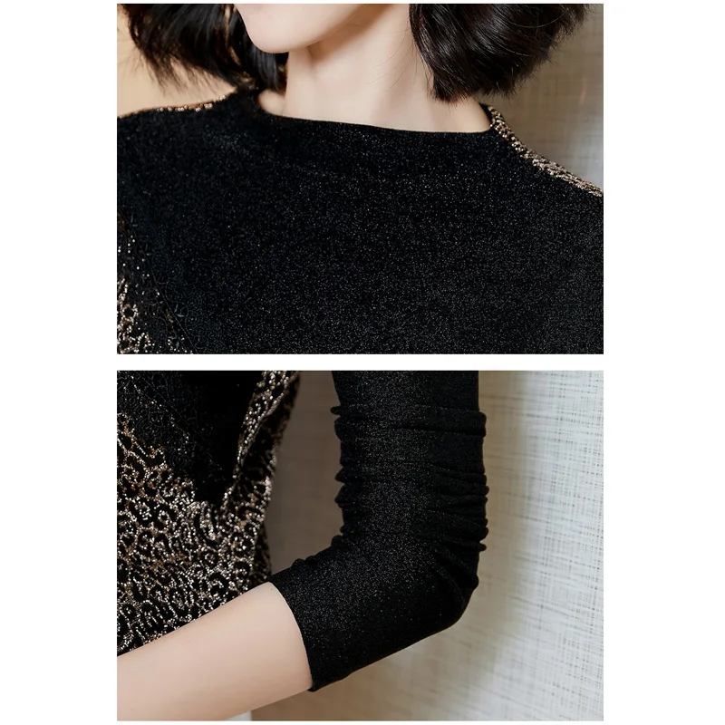 

2021 New Stitching Lace Slim-Fit Vintage Half-Collar Plus Size High Elastic Bottom Shirts Leopard Gold Lines Stretch Shirt 11463