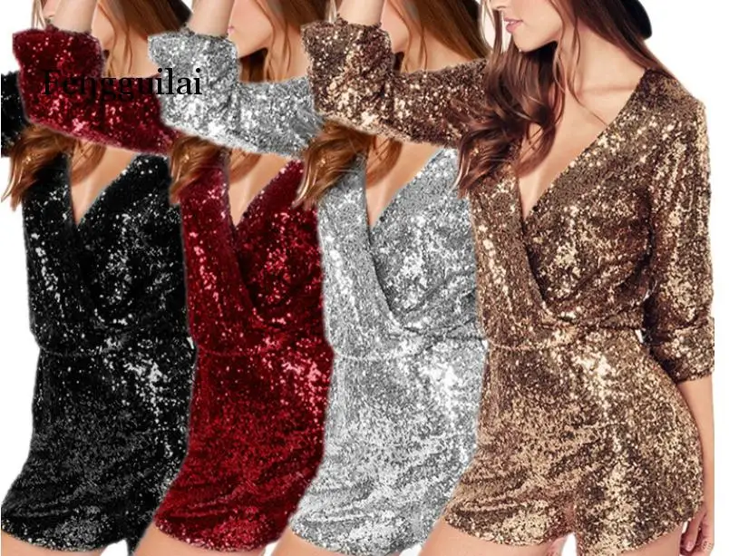 Women Sequins Jumpsuit Sexy Spot Gold Silver Rompers V-neck Shorts female Plunging DS Dance Evening Party Overalls | Женская одежда