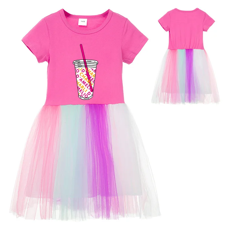 

2021 Girl New Summer Clothes Cotton Rainbow Net yarn stitching Lce Coffee Splatter Print for Girls Clothing Birthday party Dress