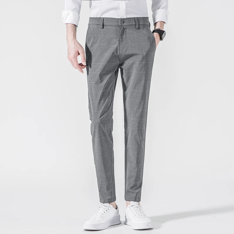 

Классические брюки, мужские узкие полосатые прямые повседневные брюки в клетку, Мужская одежда, офисный деловой ретро модный городской кос...