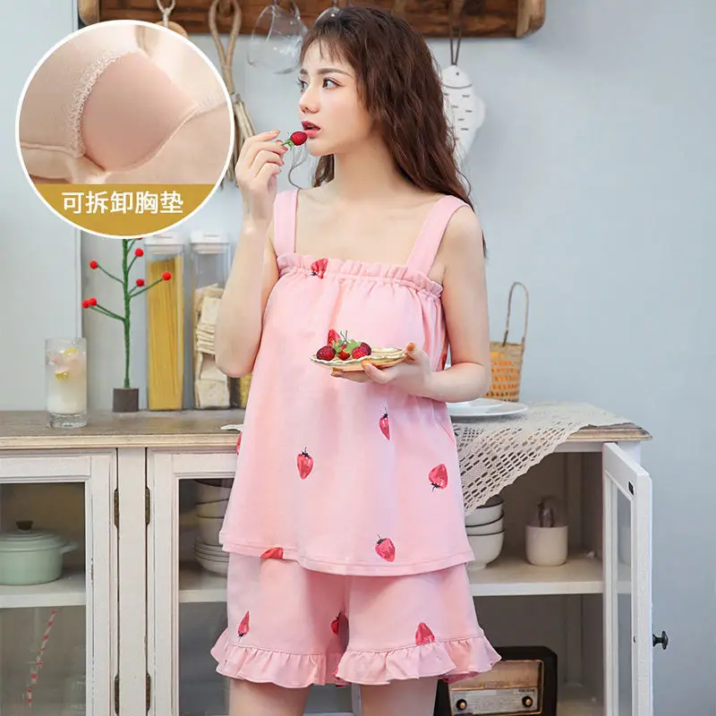 

2021 Spring Summer Suspenders Homewear Fashionable Women's All Cotton Urban Leisure Shorts Suit Pajamas