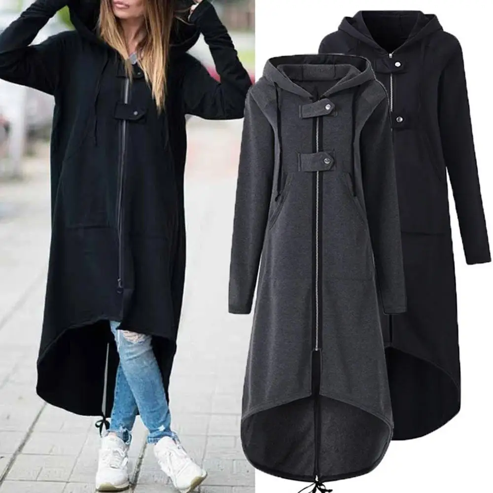 

Fashion Women windbreaker Solid Color Hooded Irregular Hem Long Sleeve Zip Button Long Section Jacket Coat Outwear Women Coat