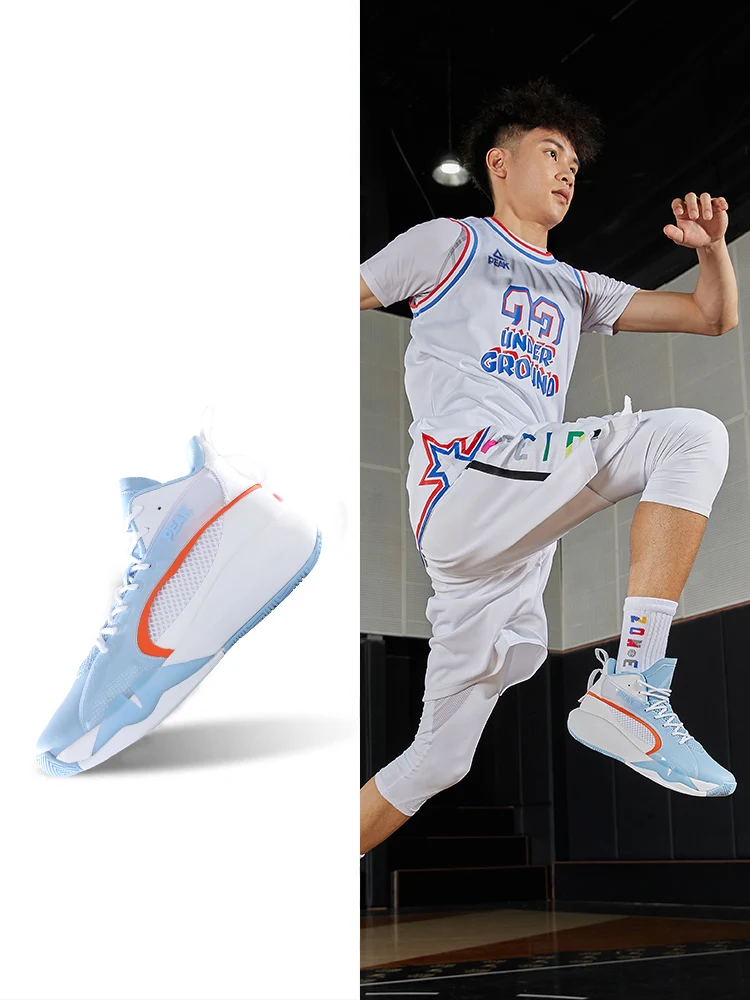 Peak basketball shoes men's 2021 autumn new anti slip and wear-resistant high top student practical shoes men's Blue Sneakers