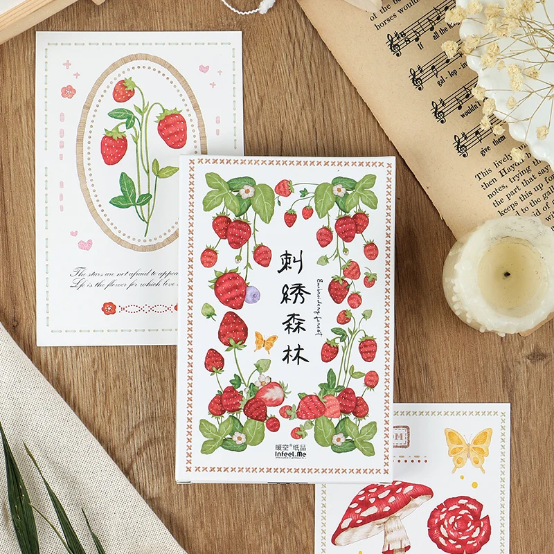 

30 Sheets/Set Novelty Embroidery Forest Series Postcard Strawberry Mushroom Greeting Cards Birthday Gift Card