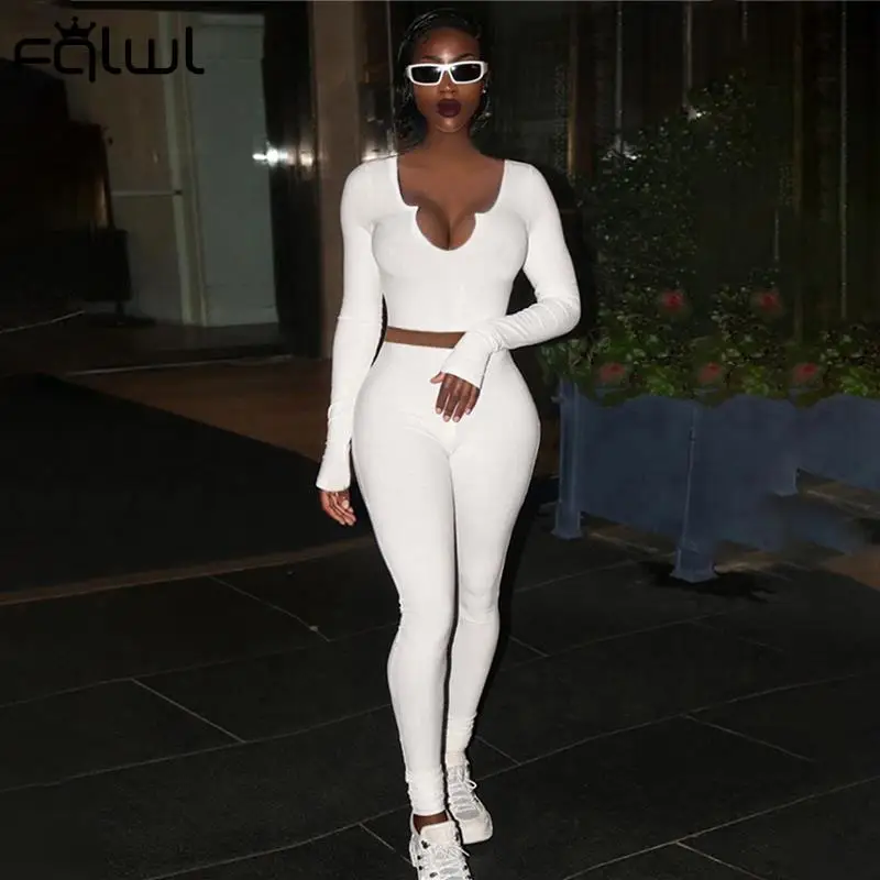 

FQLWL Fall Casual White Matching Sets 2 Two Piece Sets Tracksuit Sweatsuits For Womens Outfit Long Sleeve Top Skinny Pants Suits