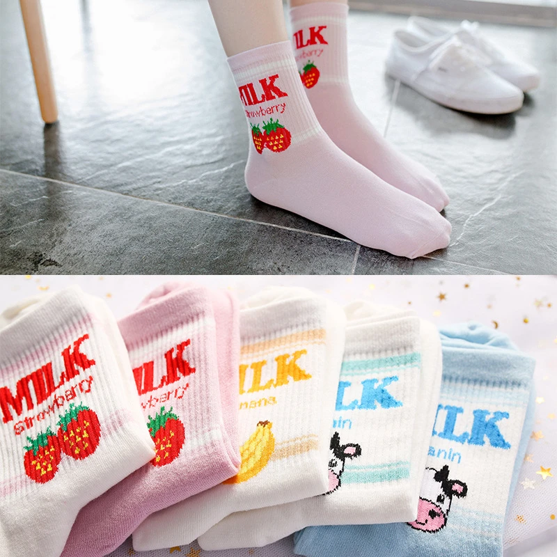 Новые женские носки без пятки ulzzang, молоко, клубника, банан, корова, соккен, для девочек, Осень-зима, рисунок с фруктами, молоко, теплые удобные хлопковые носки