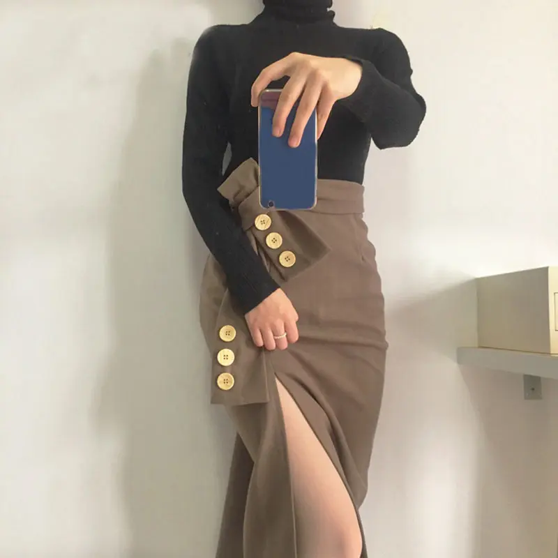 RICININA Женская длинная юбка 2020 пуговиц с поясом одноцветная Ретро стиль юбки для